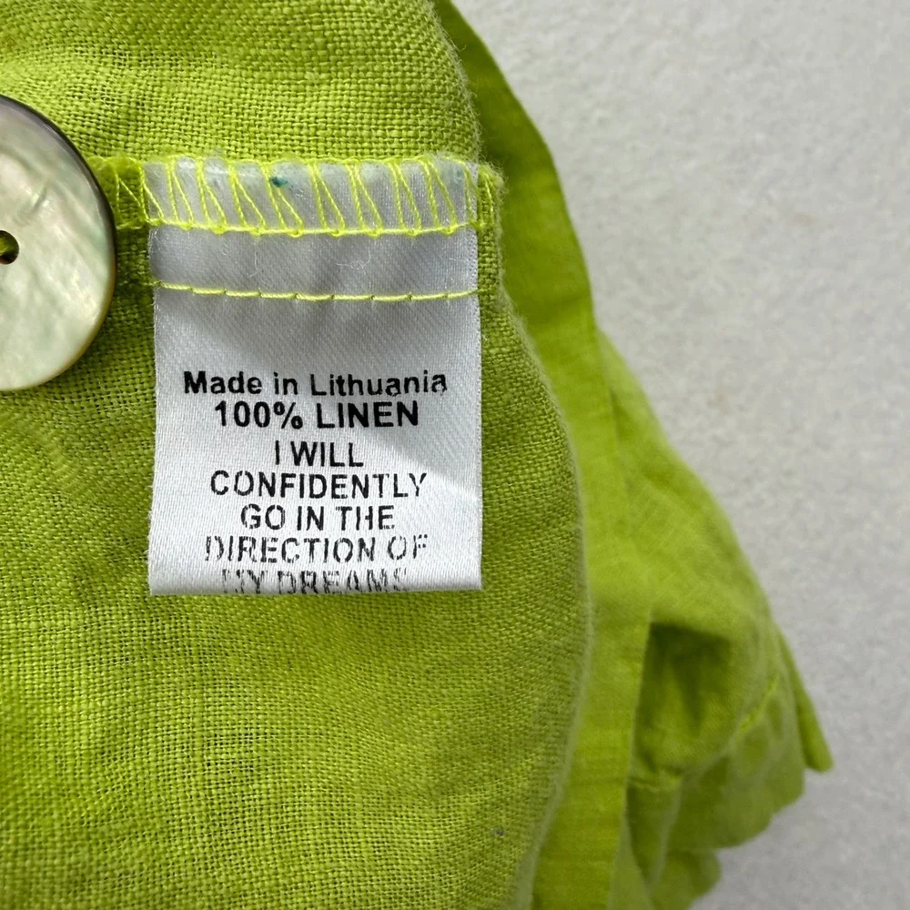 FLAX Womens Size L Large 100% Linen V-Neck Button Front Blouse Lime Green - Picture 4 of 7